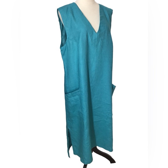 Mondo Bellisimo Handmade Teal Blue Linen V Neck Midi Sleeveless Shift Dress NWOT - Picture 2 of 9